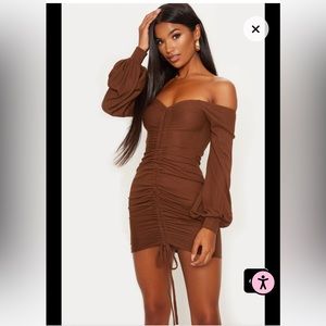 PLT Chocolate Brown Ribbed Bardot Balloon Sleeve Ruched Bodycon Dress